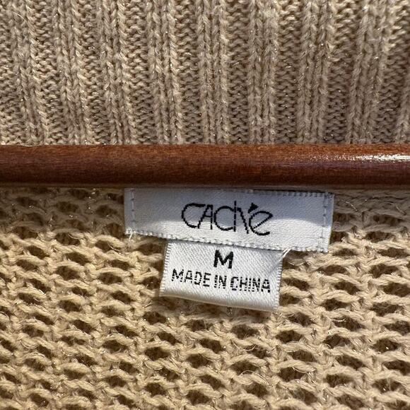 Cache Sweater Women Medium Gold Beige Cowl Neck Open Knit Mesh Pullover Shimmer - Picture 2 of 11